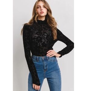 "The Haven" Black Velvet Floral Print Cowl Neck Top - NWOT